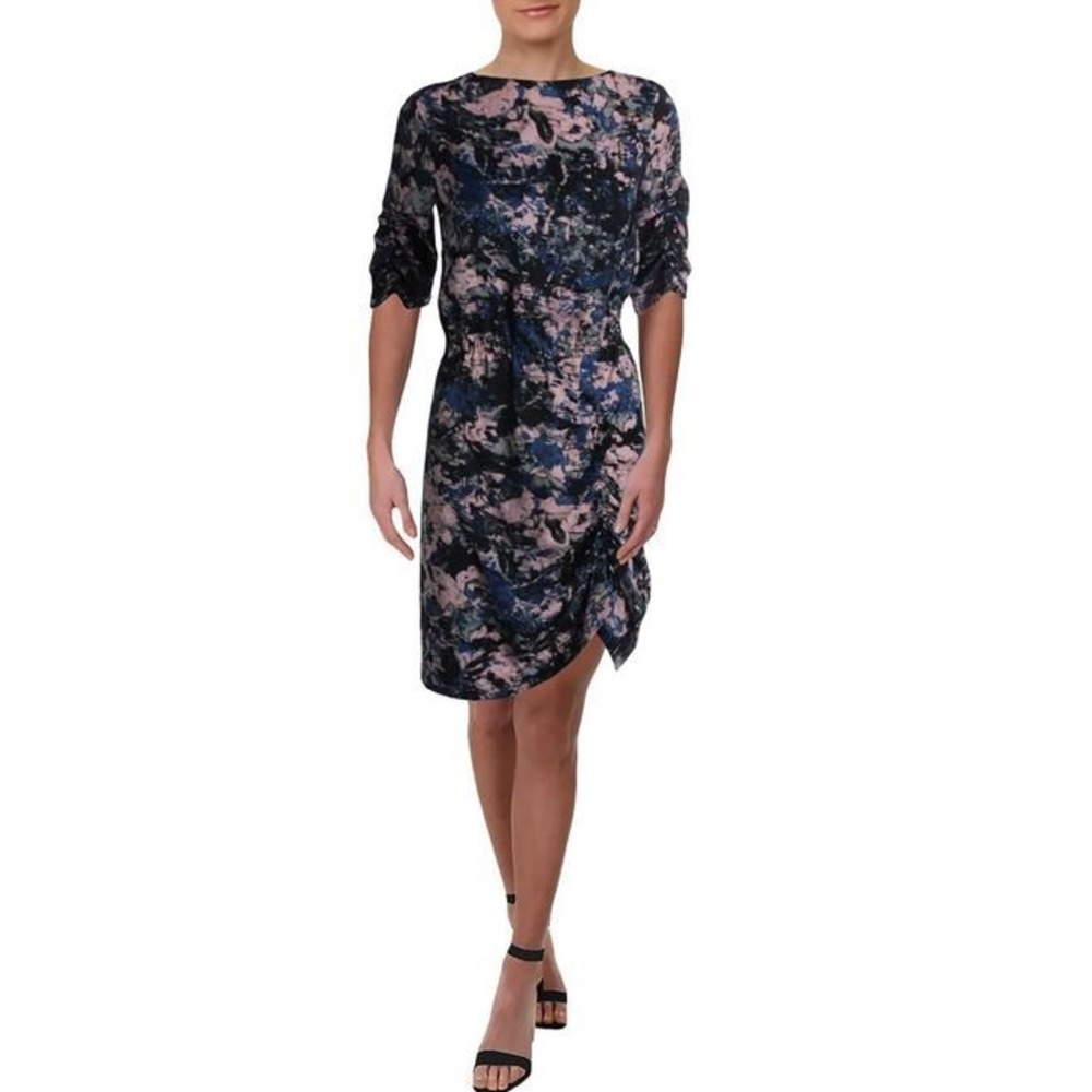 Kenneth Cole Women Urban Foliage Blue Pink Midi Dress KCMF9WD491 XS NEW